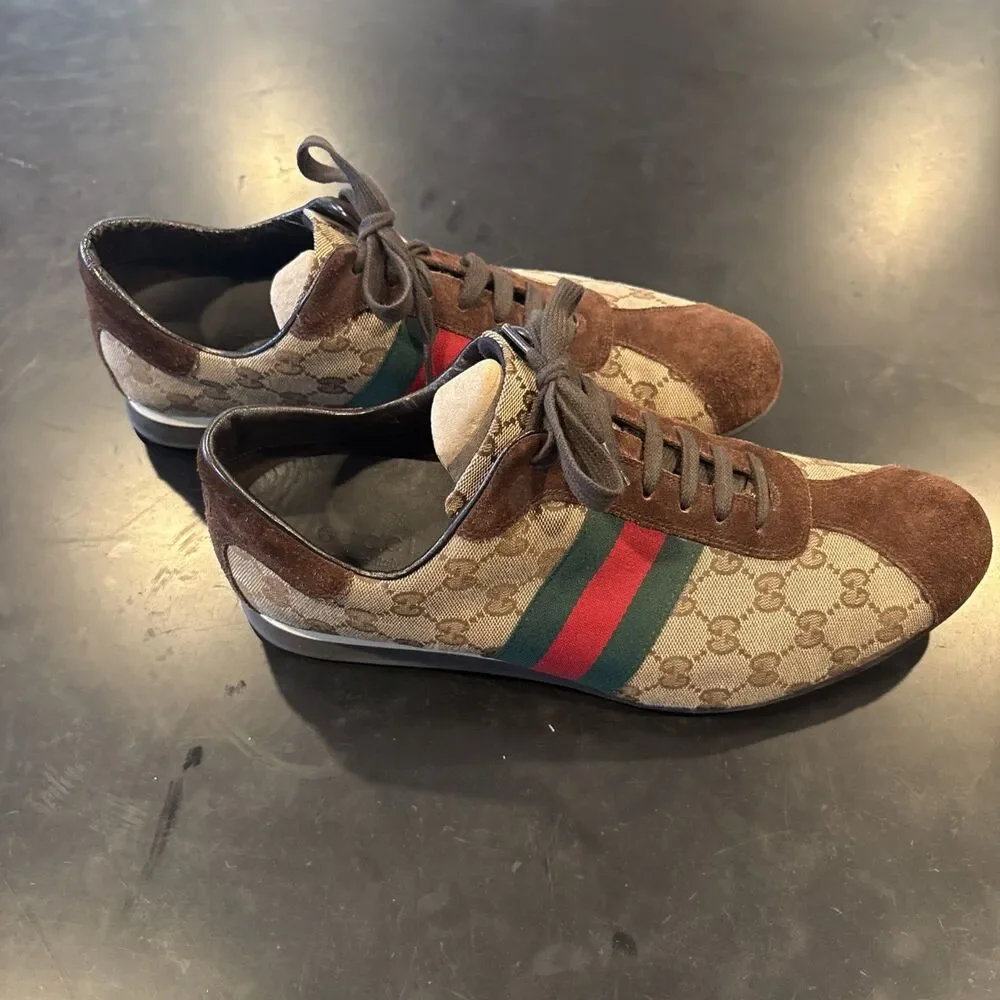 Vintage Gucci 117711 GG Canvas Web Stripe Suede Sneakers Mens US 11.5 Made Italy